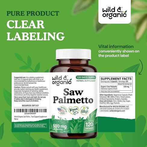 Wild & Organic Saw Palmetto Capsules 500 mg - Urinary Tract Support for Men & Women - Pure Saw Palmetto Powder Supplement - Serenoa Repens Berries - 60 Days of Supply - Vegan, Non-GMO - 60 Count in Saudi Arabia