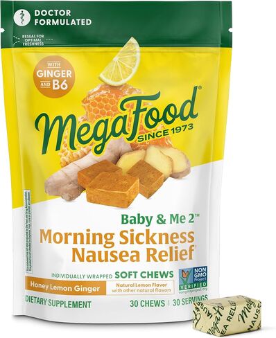 MegaFood Baby & Me 2 Prenatal Morning Sickness Relief Soft Chews -With Real Ginger and Vitamin B6 - Vegetarian - Made Without 9 Food Allergens - Honey Lemon Ginger Flavor - 30 Chews in Saudi Arabia