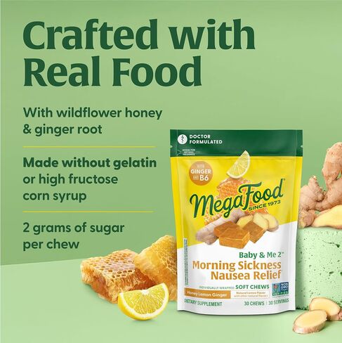 MegaFood Baby & Me 2 Prenatal Morning Sickness Relief Soft Chews -With Real Ginger and Vitamin B6 - Vegetarian - Made Without 9 Food Allergens - Honey Lemon Ginger Flavor - 30 Chews in Saudi Arabia