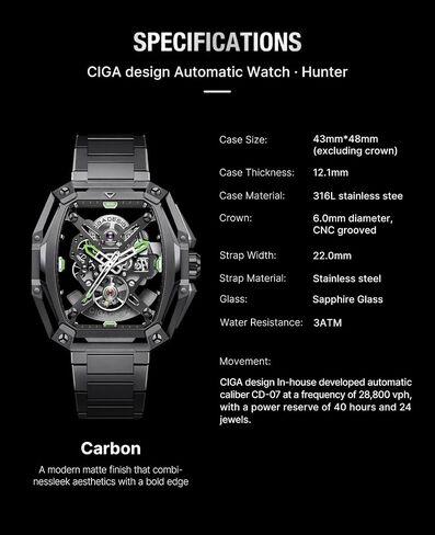 ساعة ميكانيكية أوتوماتيكية من سلسلة CIGA Design Z Hunter، عيار داخلي CD-07، تونيو مثمن ثلاثي الطبقات، سوار فولاذي مدبب على شكل حرف H، هدايا ساعة مقاومة للماء للرجال والنساء، أسود in Kuwait
