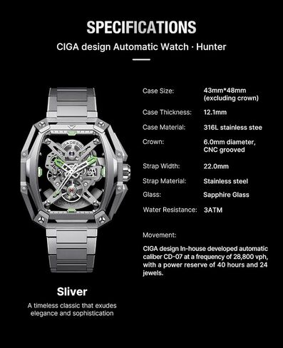 ساعة ميكانيكية أوتوماتيكية من سلسلة CIGA Design Z Hunter، عيار داخلي CD-07، تونيو مثمن ثلاثي الطبقات، سوار فولاذي مدبب على شكل حرف H، هدايا ساعة مقاومة للماء للرجال والنساء، أسود in Kuwait