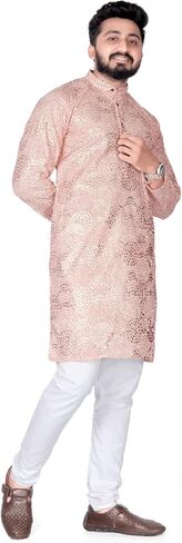 Men's Embroidered Sequined Kurta with White Pyjama Set Indian Traditional Party Wear Outfit in Saudi Arabia