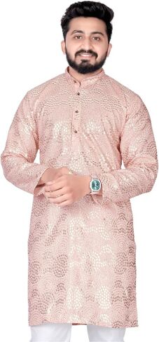 Men's Embroidered Sequined Kurta with White Pyjama Set Indian Traditional Party Wear Outfit in Saudi Arabia