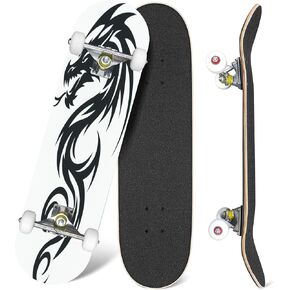Skateboards Japanese Dragon Tattoo White Asia Dragon for Printing 7 Layer Maple Wood Deck 31" x 8" Double Kick Concave Complete Tricks Skateboard for Beginners Teens Kids Adults in Saudi Arabia