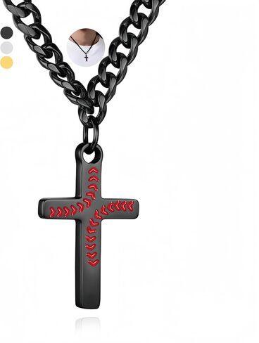 Baseball Cross Necklace for Son Grandson, Black/Gold/Silver Stainless Steel Cuban Chain 16"/18"/20" Birthday Anniversary Christian Baseball Cross Pendant Necklaces Gifts for Nephew Niece in Kuwait