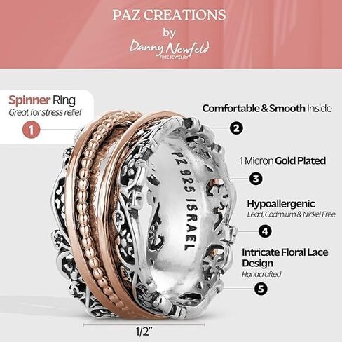 Paz Creations 925 Sterling Silver Spinner Ring for Woman ، حلقات تململ القلق مصنوعة يدويا ، أسلوب عتيق ، مع ضمان سنة واحدة in Saudi Arabia