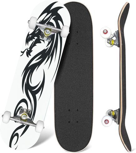 Skateboards Japanese Dragon Tattoo White Asia Dragon for Printing 7 Layer Maple Wood Deck 31" x 8" Double Kick Concave Complete Tricks Skateboard for Beginners Teens Kids Adults in Saudi Arabia