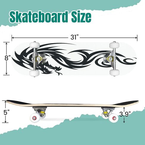 Skateboards Japanese Dragon Tattoo White Asia Dragon for Printing 7 Layer Maple Wood Deck 31" x 8" Double Kick Concave Complete Tricks Skateboard for Beginners Teens Kids Adults in Saudi Arabia