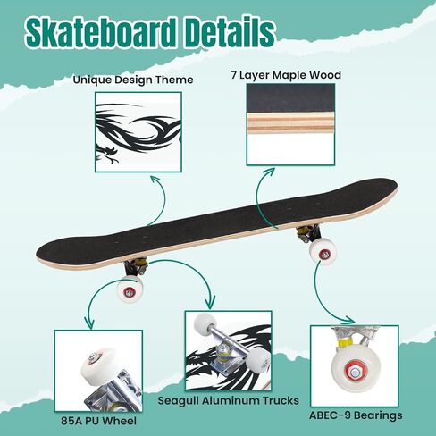 Skateboards Japanese Dragon Tattoo White Asia Dragon for Printing 7 Layer Maple Wood Deck 31" x 8" Double Kick Concave Complete Tricks Skateboard for Beginners Teens Kids Adults in Saudi Arabia