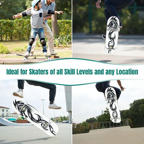 Skateboards Japanese Dragon Tattoo White Asia Dragon for Printing 7 Layer Maple Wood Deck 31" x 8" Double Kick Concave Complete Tricks Skateboard for Beginners Teens Kids Adults in Saudi Arabia