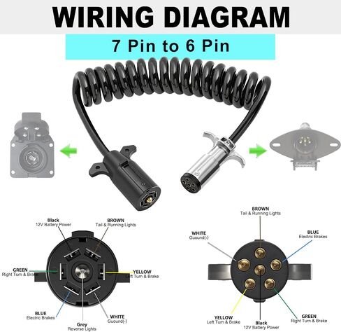 7 Pin to 6 Pin Trailer Adapter, 7 to 6 Coiled Trailer Cord Stretches to 6FT, 7-Wire to 6-Wire Coiled Cable RV 6 to 7 Trailer Wiring Extension Cord in Kuwait
