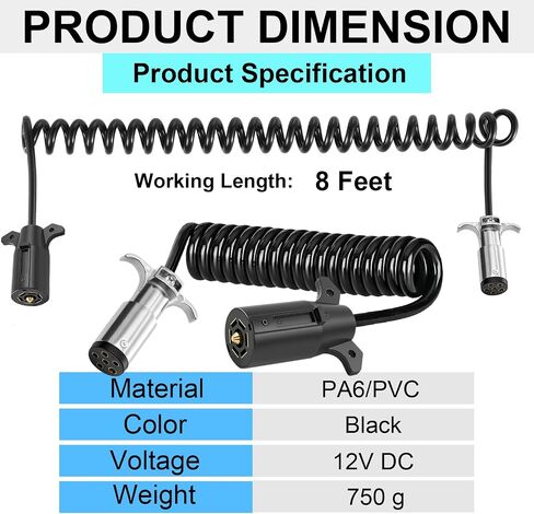 7 Pin to 6 Pin Trailer Adapter, 7 to 6 Coiled Trailer Cord Stretches to 6FT, 7-Wire to 6-Wire Coiled Cable RV 6 to 7 Trailer Wiring Extension Cord in Kuwait