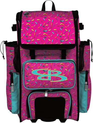 Boombah Rolling Superpack Baseball/Softball Gear Bag - Telescopic Handle - Holds 4 Bats - Wheeled Version - Sprinkle Explosion Fluorescent Pink/Amethyst Orchid/Twitch in Saudi Arabia