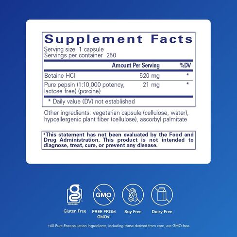 Pure Encapsulations Betaine HCl Pepsin - Digestive Enzymes Supplement for Digestion Aid & Support, Stomach Acid & Nutrient Absorption* - with Betaine HCl Pepsin - 250 Capsules in Saudi Arabia
