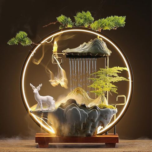 Tabletop Water Fountains Indoor Waterfall Fountain with Mist LED Light Feng Shui Wealth Desk Fountain with Backflow Incense Holder Zen Decor for Meditation (Crane) in Kuwait