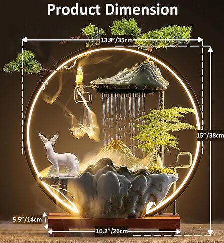 Tabletop Water Fountains Indoor Waterfall Fountain with Mist LED Light Feng Shui Wealth Desk Fountain with Backflow Incense Holder Zen Decor for Meditation (Crane) in Kuwait