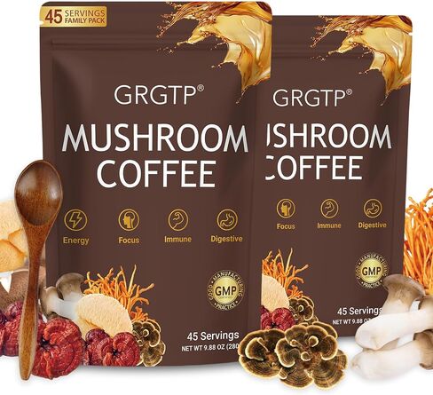 GRGTP Mushroom Coffee - مزيج من الأطعمة الفائقة مع 6 Adaptogens (Cordyceps ، Lion's Mane ، Reishi Other) | طاقة خالية من الارتعاش ، التركيز المحسّن ، الدعم والهضم والمناعة | 45 حصص ، نباتي ، خالي من الغلوتين ، غير المعدلة وراثيا | نكهة ناعمة in Kuwait