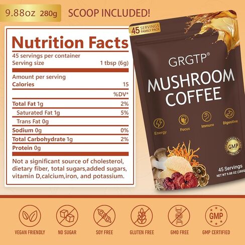 GRGTP Mushroom Coffee - مزيج من الأطعمة الفائقة مع 6 Adaptogens (Cordyceps ، Lion's Mane ، Reishi Other) | طاقة خالية من الارتعاش ، التركيز المحسّن ، الدعم والهضم والمناعة | 45 حصص ، نباتي ، خالي من الغلوتين ، غير المعدلة وراثيا | نكهة ناعمة in Kuwait