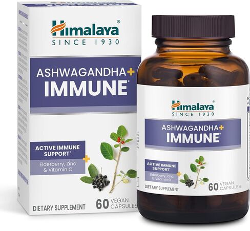 Himalaya Ashwagandha+ Immune with Ashwagandha, Elderberry, Zinc & Vitamin C for Active Immune Support, 60 Capsules, 1 Month Supply, Vegan, Gluten Free in Kuwait