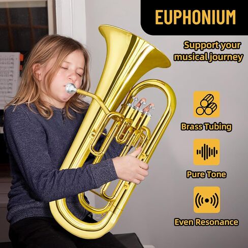 Bb Euphonium للمبتدئين والمحترفين - أداة نحاسية ممتازة مع حافظة صلبة وقطعة فم ومجموعة تنظيف وقفازات. مثالية للفرقة النحاسية، منفردة وفرقة. صوت ومتانة فائقة in Kuwait