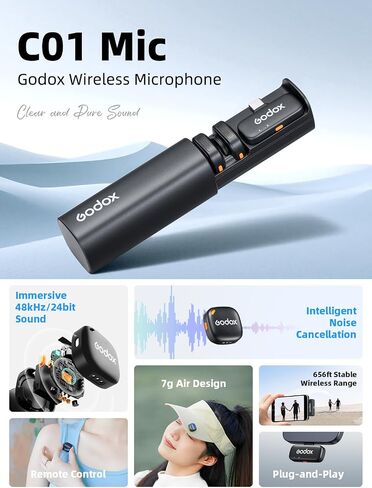 ميكروفون GODOX C01 Kit2 اللاسلكي لأجهزة iPhone 15/16/17 وAndroid، USB C، تقليل الضوضاء الذكي، صوت 48 كيلو هرتز/24 بت ونطاق 200 متر لمدونات الفيديو، يوتيوب (2 TX + 1 USB-C RX + حقيبة شحن) in Saudi Arabia