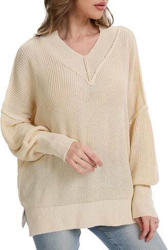 Womens Oversized Sweater V Neck Pullover with Ribbed Cuffs Batwing Sleeves Casual Fall Sweatshirt in Saudi Arabia