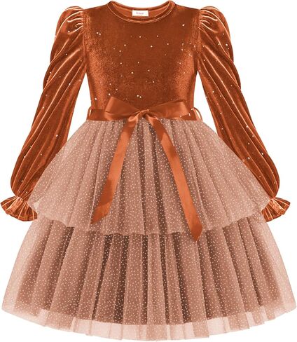 Arshiner Girls Velvet Tutu Dress Toddler Puff Long Sleeve Tulle Tulle Fall Winter Party Dresses مع الشريط in Saudi Arabia