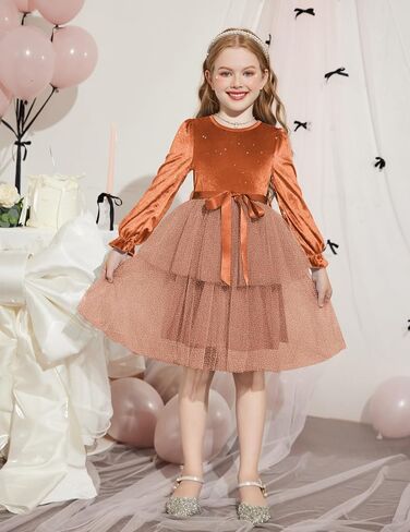 Arshiner Girls Velvet Tutu Dress Toddler Puff Long Sleeve Tulle Tulle Fall Winter Party Dresses مع الشريط in Saudi Arabia