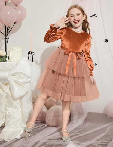 Arshiner Girls Velvet Tutu Dress Toddler Puff Long Sleeve Tulle Tulle Fall Winter Party Dresses مع الشريط in Saudi Arabia
