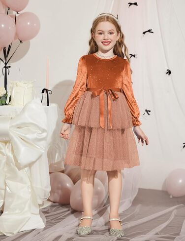 Arshiner Girls Velvet Tutu Dress Toddler Puff Long Sleeve Tulle Tulle Fall Winter Party Dresses مع الشريط in Saudi Arabia