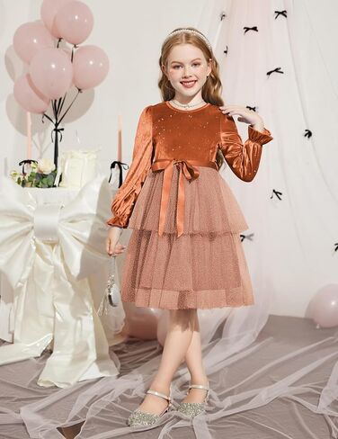 Arshiner Girls Velvet Tutu Dress Toddler Puff Long Sleeve Tulle Tulle Fall Winter Party Dresses مع الشريط in Saudi Arabia