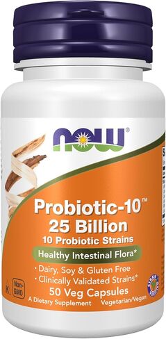 NOW Supplements، Probiotic-10™، 25 مليار، مع 10 سلالات بروبيوتيك، منتجات الألبان، الصويا والغلوتين، تم التحقق من السلالات، 100 كبسولة نباتية in Kuwait