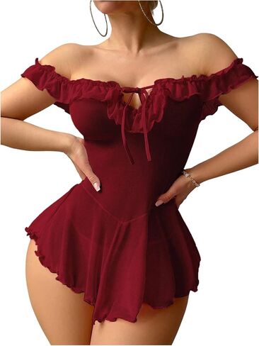 OYOANGLE Babydoll Lingerie for Women Off Shoulder Ruffle Sheer Chemise Mesh Nightgown and Thongs Sleepwear in Saudi Arabia