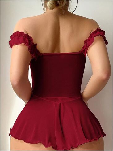 OYOANGLE Babydoll Lingerie for Women Off Shoulder Ruffle Sheer Chemise Mesh Nightgown and Thongs Sleepwear in Saudi Arabia