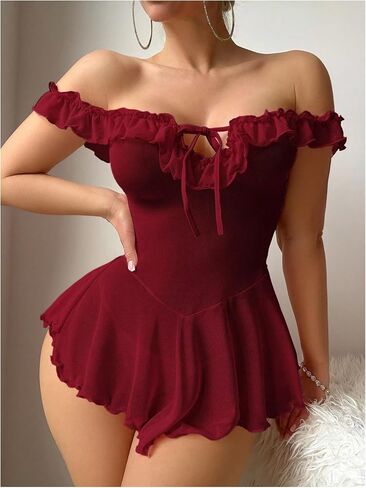 OYOANGLE Babydoll Lingerie for Women Off Shoulder Ruffle Sheer Chemise Mesh Nightgown and Thongs Sleepwear in Saudi Arabia