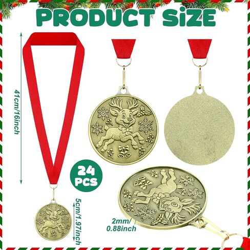 Cunno Christmas Medals Bulk 2 Inches Gold Christmas Reindeer Medals with Red Lanyard Winner Award Gifts for Xmas Reindeer Winter Party Stocking Stuffers Gifts in Saudi Arabia