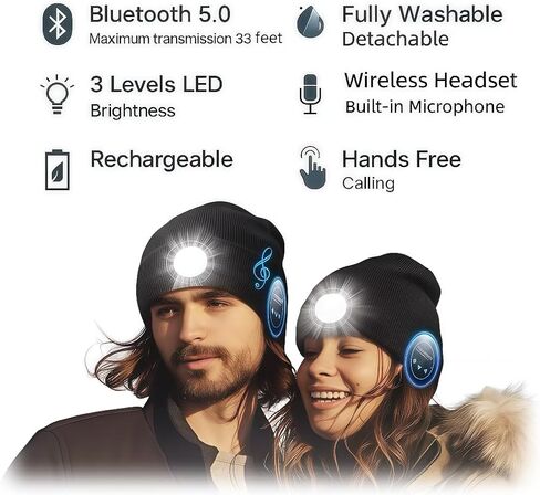 Bluetooth Beanie with Light | Unisex Gift for Men, Women,Wireless Headphones & Headlamp for Fishing Jogging Working in Saudi Arabia
