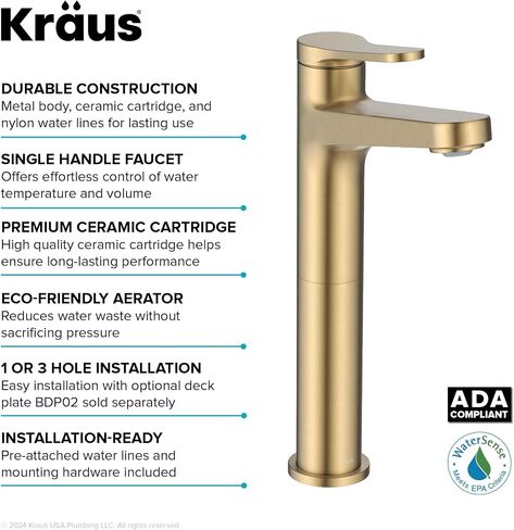 KRAUS Indy Bathroom Faucet in Spot-Free Brushed Brass with Single Handle, Pop Up Drain and Supply Lines, KBF-1411SFBB in Saudi Arabia