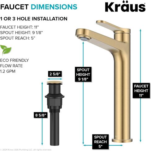 KRAUS Indy Bathroom Faucet in Spot-Free Brushed Brass with Single Handle, Pop Up Drain and Supply Lines, KBF-1411SFBB in Saudi Arabia
