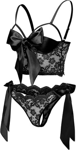 Aranmei Womens Lingerie Set Satin Lace Bra Panty Set with Self Tie Bow, Adjustable Straps Valentines Day Gift S-XXL in Saudi Arabia