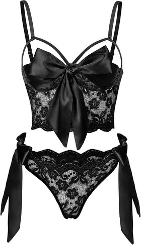 Aranmei Womens Lingerie Set Satin Lace Bra Panty Set with Self Tie Bow, Adjustable Straps Valentines Day Gift S-XXL in Saudi Arabia