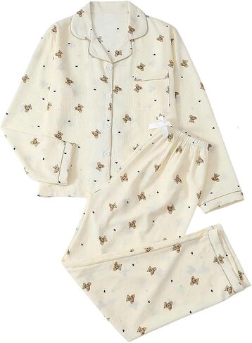Verdusa Women's 2 Piece Pajama Sets Cute Pj Set Printed Sleepwear Lounge Sets Long Sleeve Button Up Shirt and Pants in Saudi Arabia
