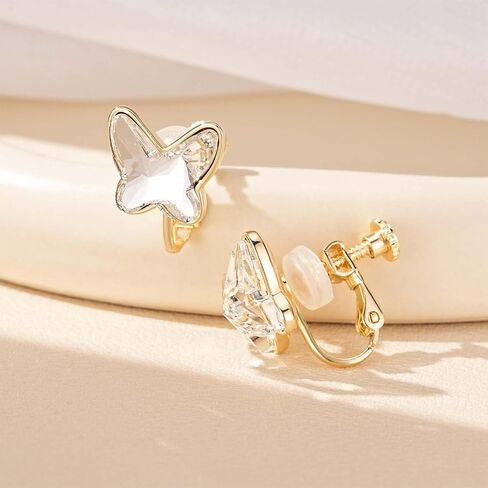 EVEVIC Austrian Crystal Butterfly Clip On Earrings for Women Adjustable Screw Back Non Pierced Earring 14K Gold Plated Hypoallergenic Jewelry in Saudi Arabia