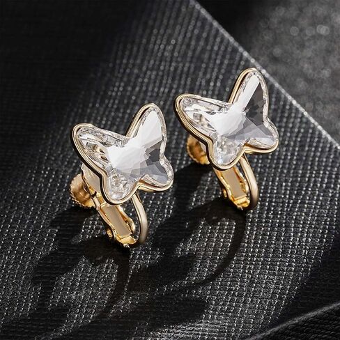 EVEVIC Austrian Crystal Butterfly Clip On Earrings for Women Adjustable Screw Back Non Pierced Earring 14K Gold Plated Hypoallergenic Jewelry in Saudi Arabia