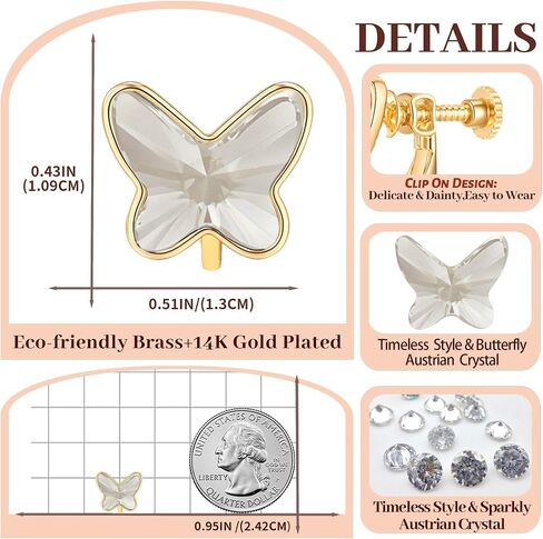 EVEVIC Austrian Crystal Butterfly Clip On Earrings for Women Adjustable Screw Back Non Pierced Earring 14K Gold Plated Hypoallergenic Jewelry in Saudi Arabia
