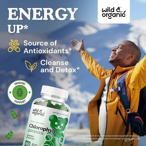 Wild & Organic Chlorophyll Gummies - Natural Energy Booster, Digestion & Immune Support, Internal Deodorant Chewable Daily Vegan Supplement - Sodium Copper Chlorophyllin Extract - 50mg 60 Chews in Saudi Arabia
