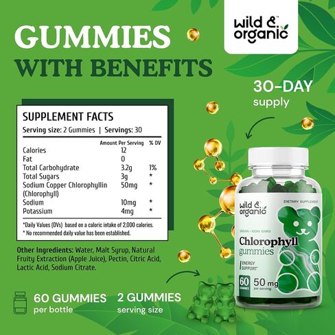 Wild & Organic Chlorophyll Gummies - Natural Energy Booster, Digestion & Immune Support, Internal Deodorant Chewable Daily Vegan Supplement - Sodium Copper Chlorophyllin Extract - 50mg 60 Chews in Saudi Arabia