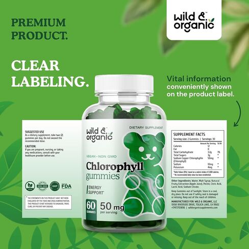 Wild & Organic Chlorophyll Gummies - Natural Energy Booster, Digestion & Immune Support, Internal Deodorant Chewable Daily Vegan Supplement - Sodium Copper Chlorophyllin Extract - 50mg 60 Chews in Saudi Arabia