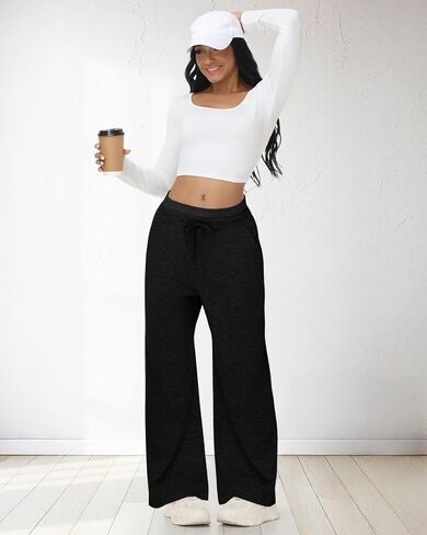 المرأة واسعة الساق Sweatpant عالية الخصر السراويل الفضفاضة عادية الرباط رياضي بانت تجريب صالة بانت مع جيوب in Saudi Arabia