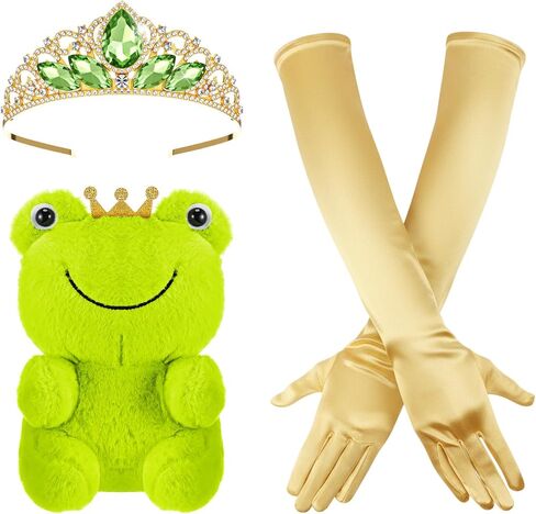 Preboun Princess Costume Accessories for Women, Includes Green Tiara Crown White Long Gloves Stuffed Frog Animal Set for Halloween Cosplay Opera Birthday Party in Saudi Arabia